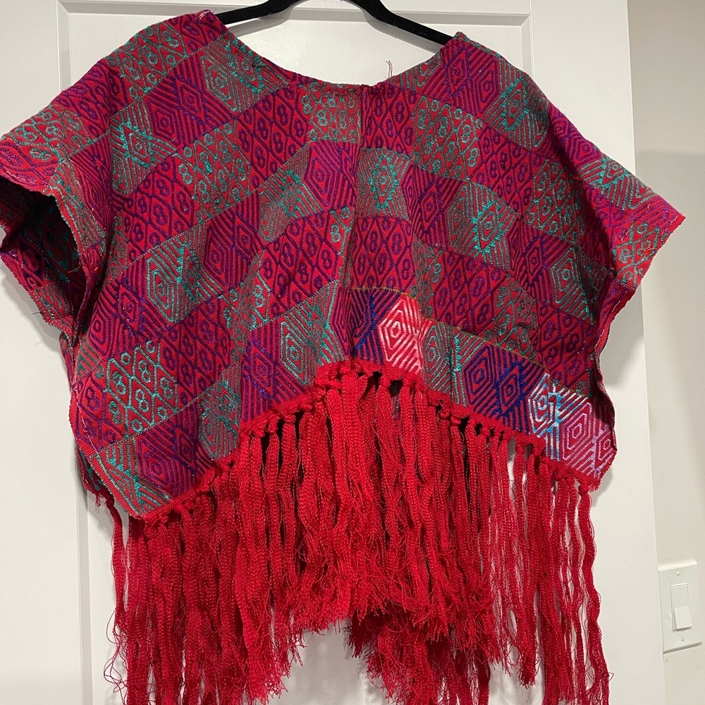 Handmade Vibrant Red and Purple Poncho with Fringe